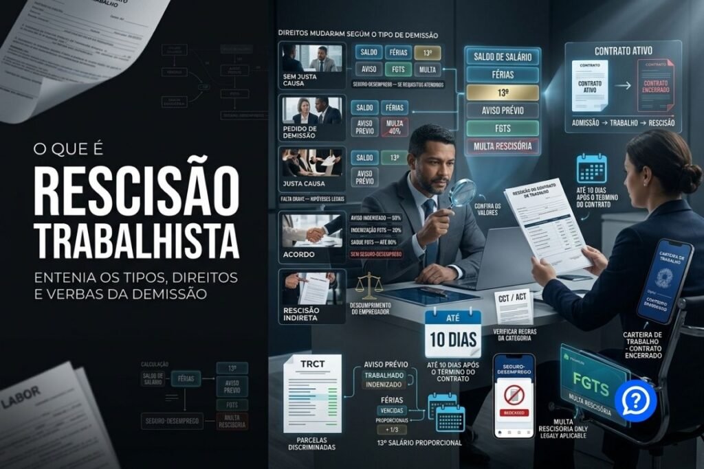 Representação hiper-realista de uma rescisão trabalhista mostrando encerramento de contrato, cálculo de saldo salarial, férias, 13º, aviso prévio e FGTS em diferentes modalidades de desligamento.