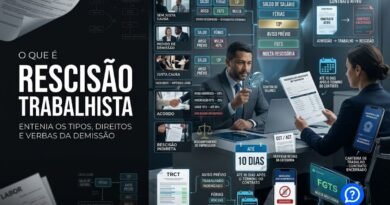 Representação hiper-realista de uma rescisão trabalhista mostrando encerramento de contrato, cálculo de saldo salarial, férias, 13º, aviso prévio e FGTS em diferentes modalidades de desligamento.