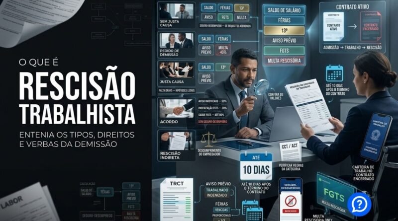 Representação hiper-realista de uma rescisão trabalhista mostrando encerramento de contrato, cálculo de saldo salarial, férias, 13º, aviso prévio e FGTS em diferentes modalidades de desligamento.