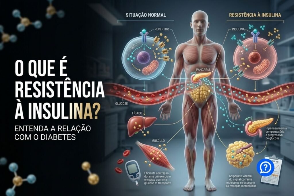 Representação hiper-realista da resistência à insulina mostrando o pâncreas liberando insulina, moléculas de glicose circulando no sangue e células musculares respondendo com dificuldade ao hormônio, com comparação entre resposta normal e resistente à insulina.