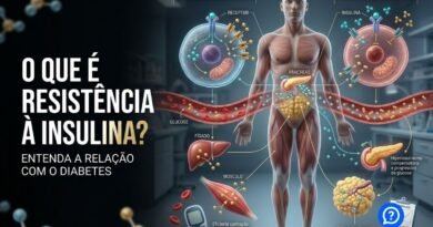 Representação hiper-realista da resistência à insulina mostrando o pâncreas liberando insulina, moléculas de glicose circulando no sangue e células musculares respondendo com dificuldade ao hormônio, com comparação entre resposta normal e resistente à insulina.