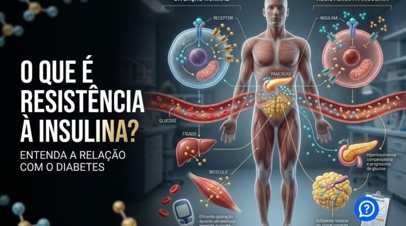 Representação hiper-realista da resistência à insulina mostrando o pâncreas liberando insulina, moléculas de glicose circulando no sangue e células musculares respondendo com dificuldade ao hormônio, com comparação entre resposta normal e resistente à insulina.