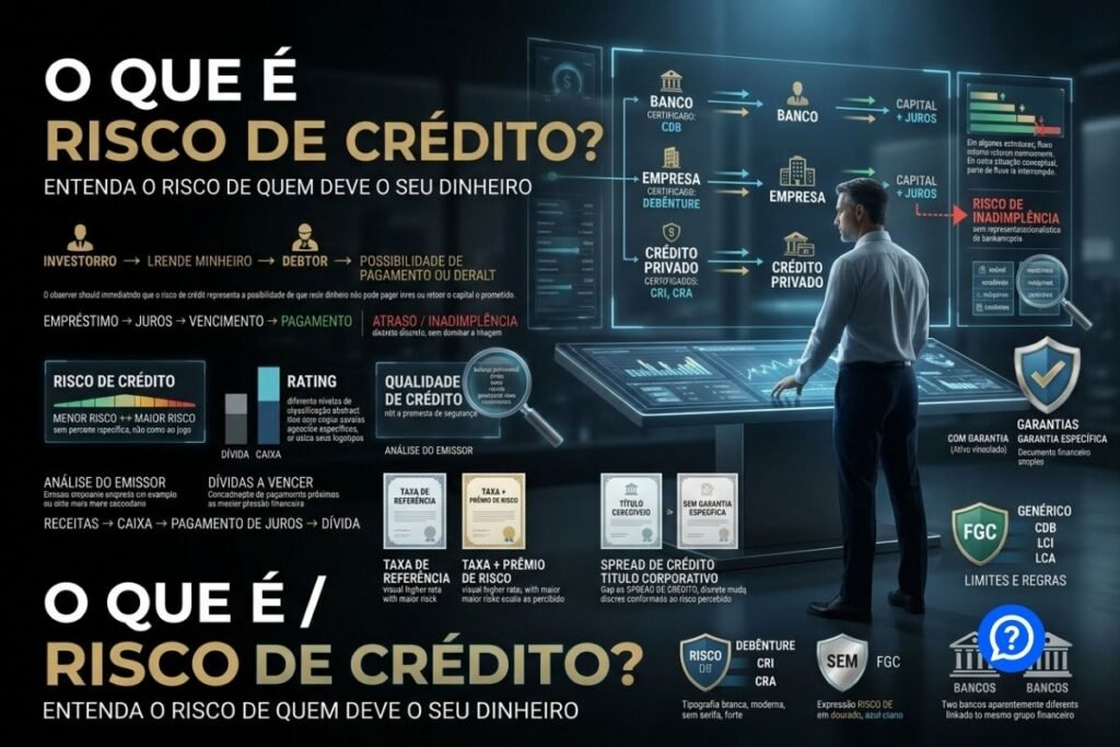 Representação hiper-realista do risco de crédito mostrando investidores financiando bancos, empresas e títulos privados, com análise de rating, endividamento, garantias, inadimplência e proteção do FGC em produtos elegíveis.