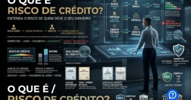 Representação hiper-realista do risco de crédito mostrando investidores financiando bancos, empresas e títulos privados, com análise de rating, endividamento, garantias, inadimplência e proteção do FGC em produtos elegíveis.