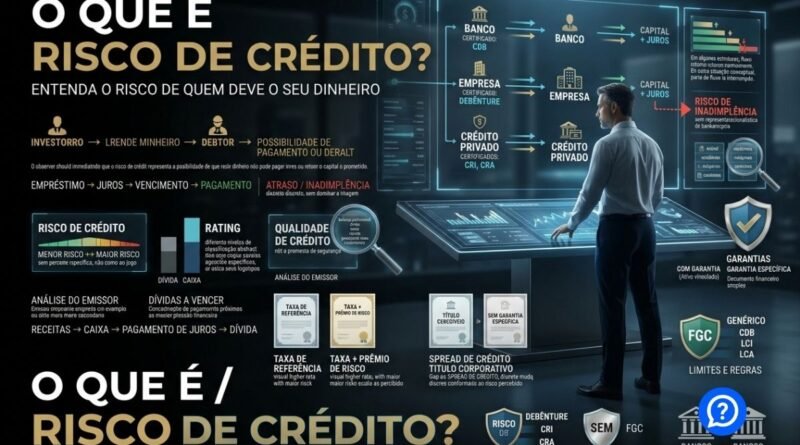 Representação hiper-realista do risco de crédito mostrando investidores financiando bancos, empresas e títulos privados, com análise de rating, endividamento, garantias, inadimplência e proteção do FGC em produtos elegíveis.