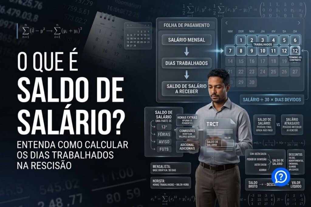 Representação hiper-realista de cálculo de saldo de salário mostrando os dias trabalhados no último mês, salário mensal, rescisão e valor proporcional devido ao trabalhador.