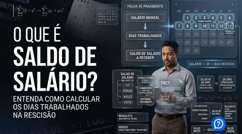 Representação hiper-realista de cálculo de saldo de salário mostrando os dias trabalhados no último mês, salário mensal, rescisão e valor proporcional devido ao trabalhador.