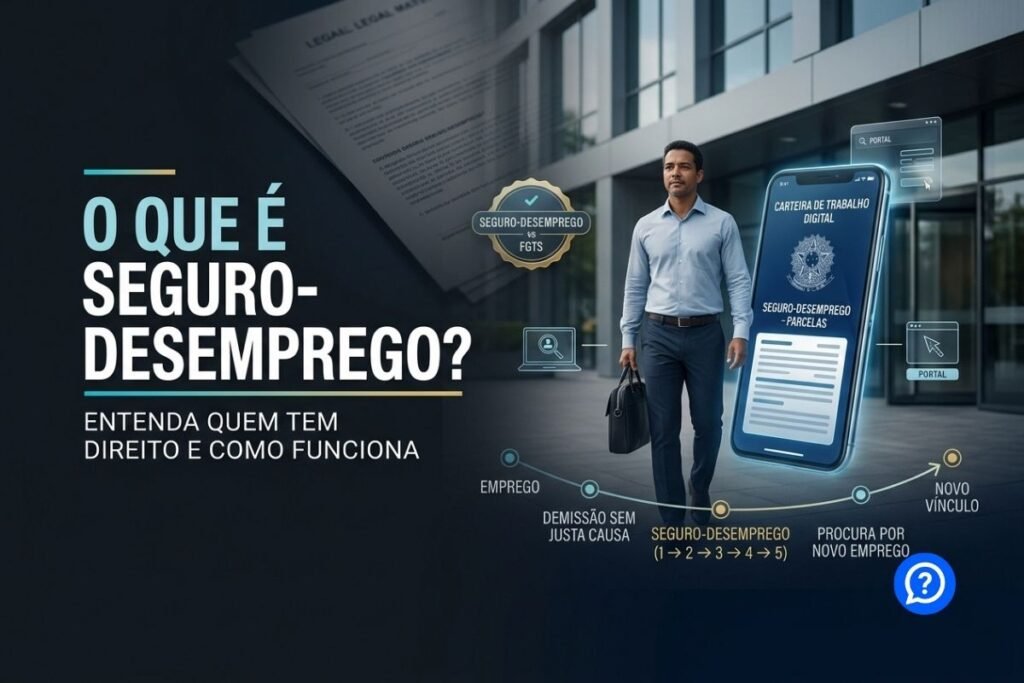 Representação hiper-realista do Seguro-Desemprego mostrando trabalhador após demissão sem justa causa recebendo assistência financeira temporária enquanto procura novo emprego pela Carteira de Trabalho Digital.