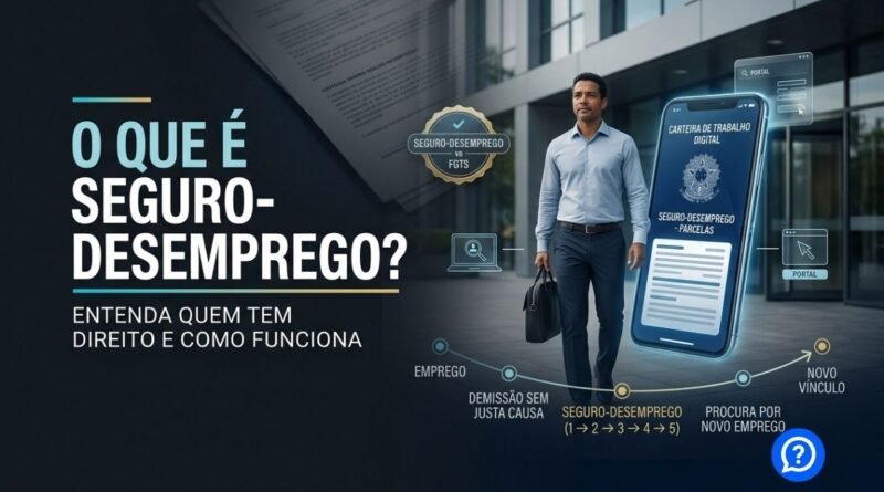 Representação hiper-realista do Seguro-Desemprego mostrando trabalhador após demissão sem justa causa recebendo assistência financeira temporária enquanto procura novo emprego pela Carteira de Trabalho Digital.