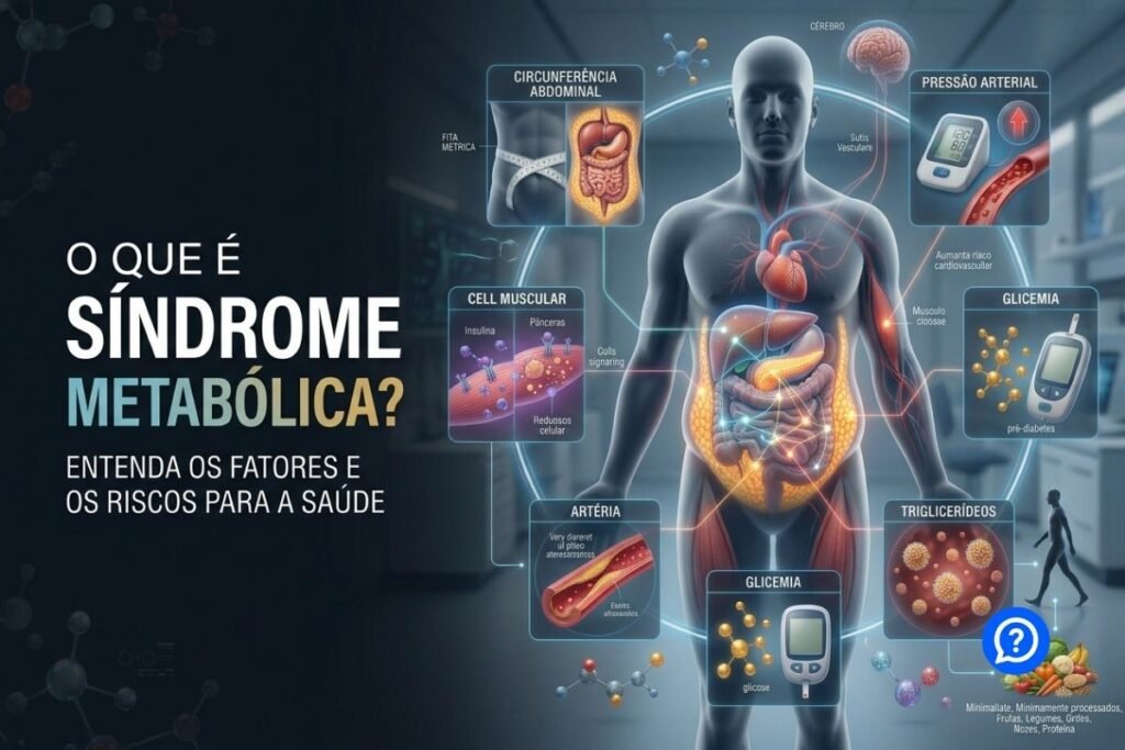 Representação hiper-realista da síndrome metabólica mostrando gordura abdominal visceral conectada a alterações na glicemia, pressão arterial, triglicerídeos e HDL, com destaque para coração, fígado, pâncreas e vasos sanguíneos.