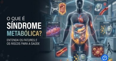 Representação hiper-realista da síndrome metabólica mostrando gordura abdominal visceral conectada a alterações na glicemia, pressão arterial, triglicerídeos e HDL, com destaque para coração, fígado, pâncreas e vasos sanguíneos.