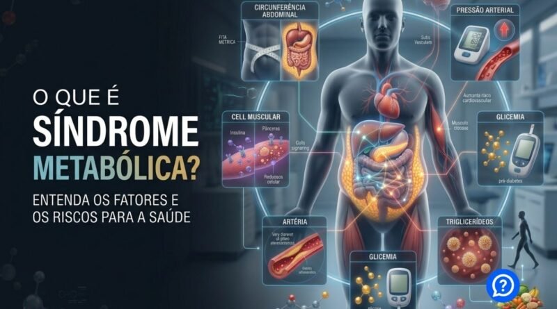 Representação hiper-realista da síndrome metabólica mostrando gordura abdominal visceral conectada a alterações na glicemia, pressão arterial, triglicerídeos e HDL, com destaque para coração, fígado, pâncreas e vasos sanguíneos.