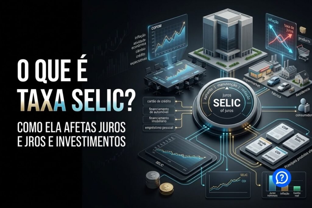 Representação hiper-realista da Taxa Selic como taxa básica de juros do Brasil, mostrando Banco Central genérico, gráfico de juros, inflação, cartões, financiamento e investimentos conectados à política monetária.