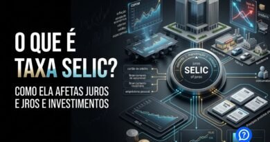 Representação hiper-realista da Taxa Selic como taxa básica de juros do Brasil, mostrando Banco Central genérico, gráfico de juros, inflação, cartões, financiamento e investimentos conectados à política monetária.