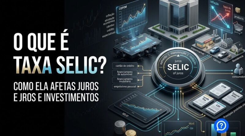 Representação hiper-realista da Taxa Selic como taxa básica de juros do Brasil, mostrando Banco Central genérico, gráfico de juros, inflação, cartões, financiamento e investimentos conectados à política monetária.