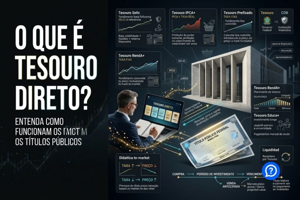 Representação hiper-realista do Tesouro Direto mostrando investidor comprando títulos públicos do Governo Federal, com Tesouro Selic, Tesouro IPCA+ e Tesouro Prefixado conectados a juros, inflação, vencimentos e marcação a mercado.