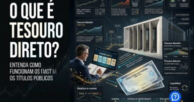 Representação hiper-realista do Tesouro Direto mostrando investidor comprando títulos públicos do Governo Federal, com Tesouro Selic, Tesouro IPCA+ e Tesouro Prefixado conectados a juros, inflação, vencimentos e marcação a mercado.
