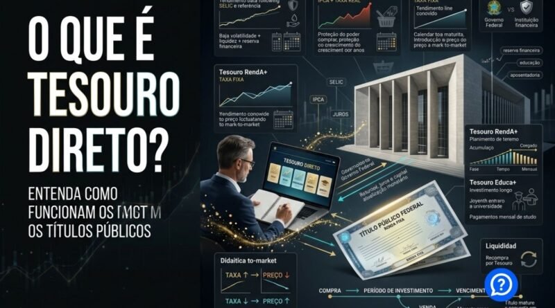 Representação hiper-realista do Tesouro Direto mostrando investidor comprando títulos públicos do Governo Federal, com Tesouro Selic, Tesouro IPCA+ e Tesouro Prefixado conectados a juros, inflação, vencimentos e marcação a mercado.