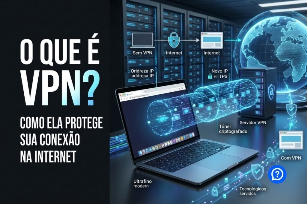 Representação hiper-realista de uma conexão VPN criando um túnel criptografado entre um notebook e um servidor remoto, com dados protegidos, cadeado digital, globo terrestre holográfico e moderno data center ao fundo, simbolizando privacidade e segurança na Internet.