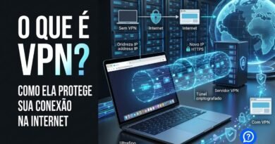 Representação hiper-realista de uma conexão VPN criando um túnel criptografado entre um notebook e um servidor remoto, com dados protegidos, cadeado digital, globo terrestre holográfico e moderno data center ao fundo, simbolizando privacidade e segurança na Internet.