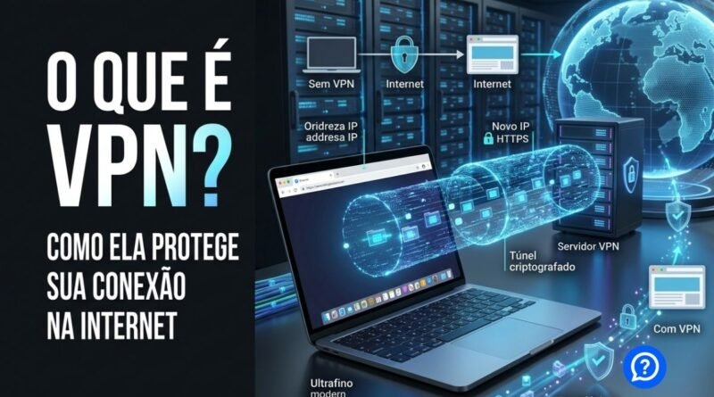 Representação hiper-realista de uma conexão VPN criando um túnel criptografado entre um notebook e um servidor remoto, com dados protegidos, cadeado digital, globo terrestre holográfico e moderno data center ao fundo, simbolizando privacidade e segurança na Internet.