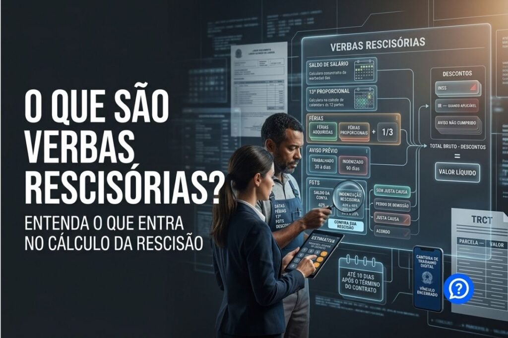 Representação hiper-realista das verbas rescisórias mostrando cálculo de saldo salarial, férias, décimo terceiro, aviso prévio, FGTS e descontos após o encerramento de um contrato de trabalho.