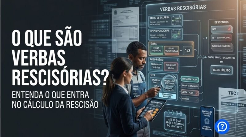 Representação hiper-realista das verbas rescisórias mostrando cálculo de saldo salarial, férias, décimo terceiro, aviso prévio, FGTS e descontos após o encerramento de um contrato de trabalho.