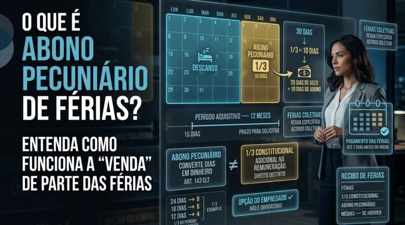 Imagem hiper-realista explicando o abono pecuniário de férias, com calendário de 30 dias dividido em 20 dias de descanso e 10 dias convertidos em dinheiro, além da diferença para o terço constitucional.