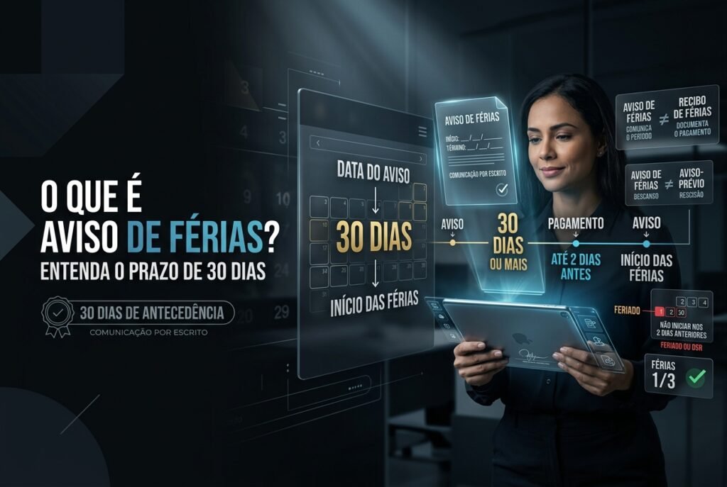 Aviso de férias em ambiente corporativo, com calendário mostrando antecedência de 30 dias e linha do tempo até o pagamento dois dias antes do início das férias.