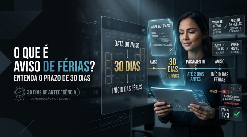 Aviso de férias em ambiente corporativo, com calendário mostrando antecedência de 30 dias e linha do tempo até o pagamento dois dias antes do início das férias.