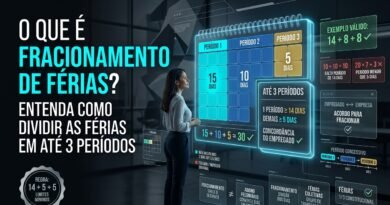 Imagem hiper-realista explicando o fracionamento de férias, com calendário de 30 dias dividido em três períodos e destaque para a regra de mínimo de 14 dias e 5 dias corridos.