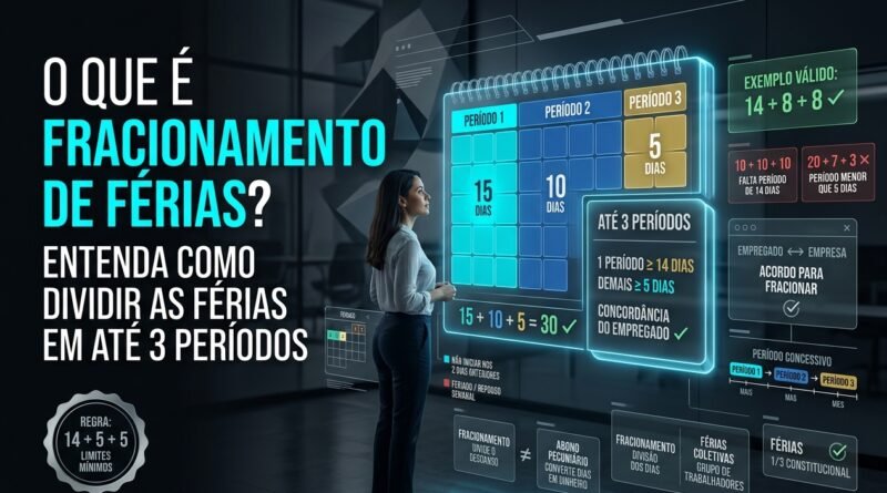 Imagem hiper-realista explicando o fracionamento de férias, com calendário de 30 dias dividido em três períodos e destaque para a regra de mínimo de 14 dias e 5 dias corridos.