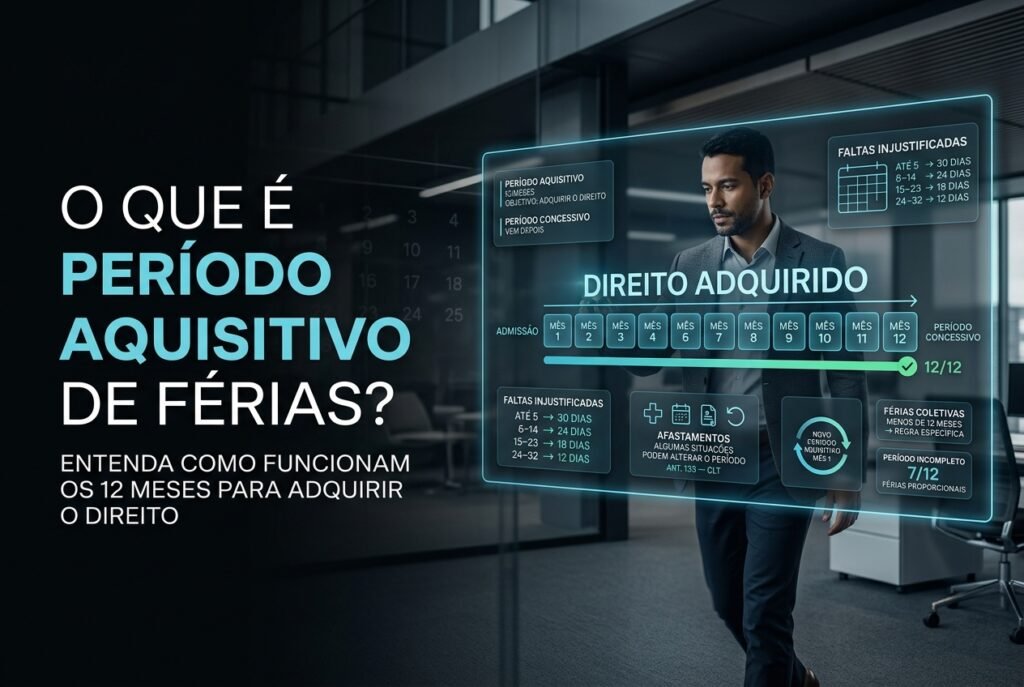 Infográfico hiper-realista mostrando o período aquisitivo de férias como os 12 meses necessários para o trabalhador adquirir o direito às férias antes do período concessivo.