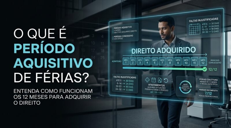 Infográfico hiper-realista mostrando o período aquisitivo de férias como os 12 meses necessários para o trabalhador adquirir o direito às férias antes do período concessivo.