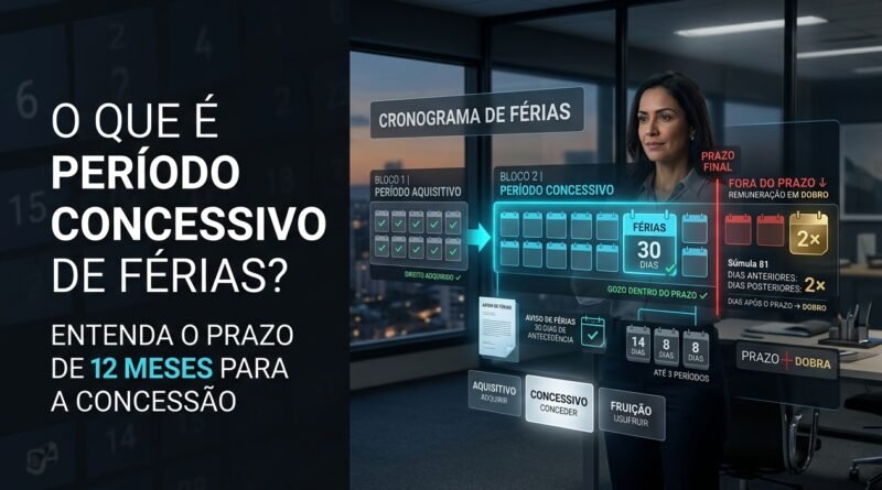 Representação hiper-realista do período concessivo de férias mostrando os 12 meses posteriores ao período aquisitivo, prazo para a empresa conceder as férias e pagamento em dobro após o limite legal.