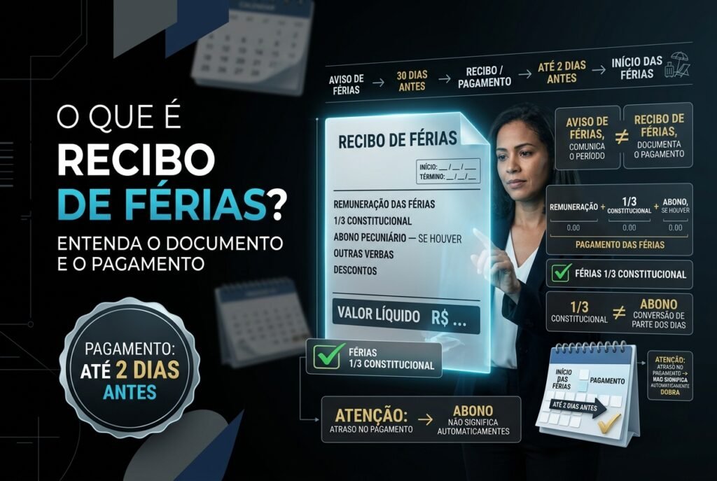 Recibo de férias digital em ambiente corporativo, mostrando remuneração das férias, adicional de um terço e prazo de pagamento de até dois dias antes do início do descanso.