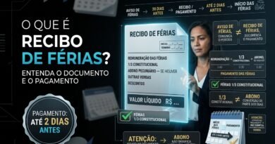 Recibo de férias digital em ambiente corporativo, mostrando remuneração das férias, adicional de um terço e prazo de pagamento de até dois dias antes do início do descanso.