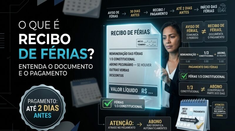 Recibo de férias digital em ambiente corporativo, mostrando remuneração das férias, adicional de um terço e prazo de pagamento de até dois dias antes do início do descanso.