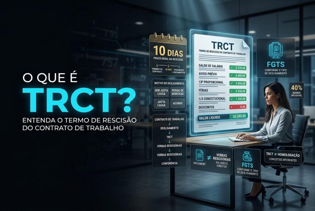 TRCT digital em ambiente corporativo mostrando verbas rescisórias, saldo de salário, aviso-prévio, férias, décimo terceiro e prazo de 10 dias para pagamento da rescisão.