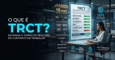 TRCT digital em ambiente corporativo mostrando verbas rescisórias, saldo de salário, aviso-prévio, férias, décimo terceiro e prazo de 10 dias para pagamento da rescisão.