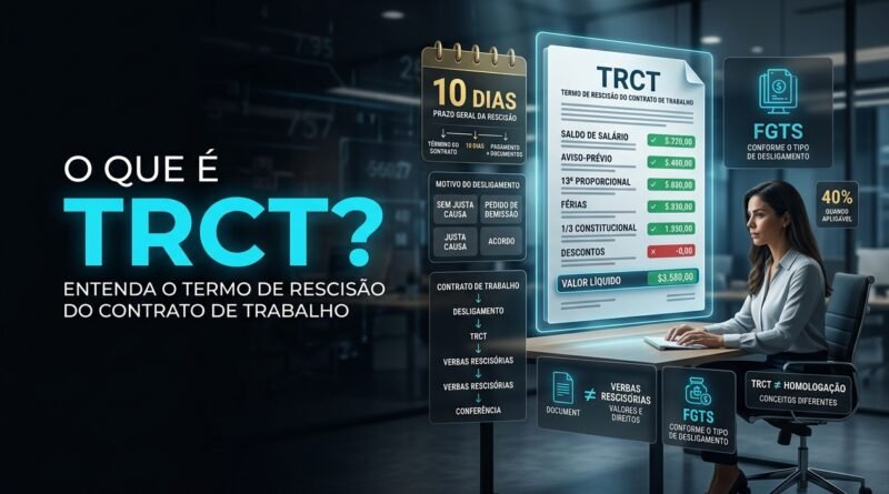 TRCT digital em ambiente corporativo mostrando verbas rescisórias, saldo de salário, aviso-prévio, férias, décimo terceiro e prazo de 10 dias para pagamento da rescisão.