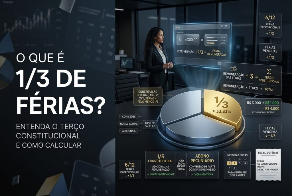 Imagem hiper-realista explicando o terço constitucional de férias, com salário, cálculo dividido por três, adicional de 33,33% e remuneração total das férias.