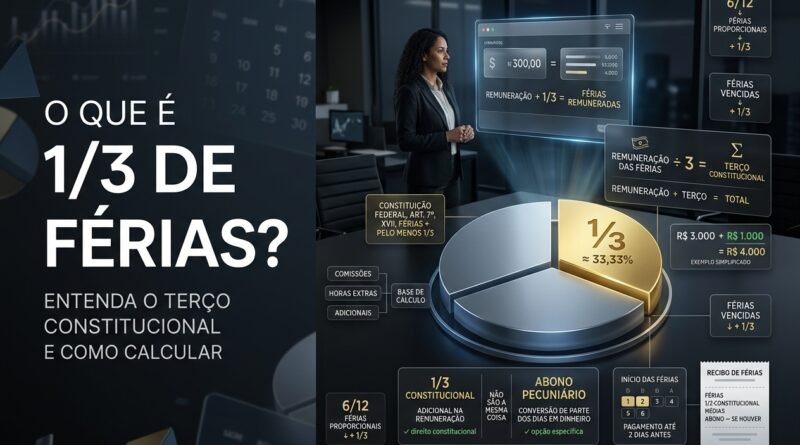 Imagem hiper-realista explicando o terço constitucional de férias, com salário, cálculo dividido por três, adicional de 33,33% e remuneração total das férias.