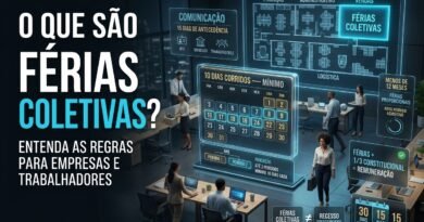 Imagem hiper-realista explicando férias coletivas, com calendário corporativo, grupo de trabalhadores em férias, setor empresarial pausado e indicação de mínimo de 10 dias corridos.
