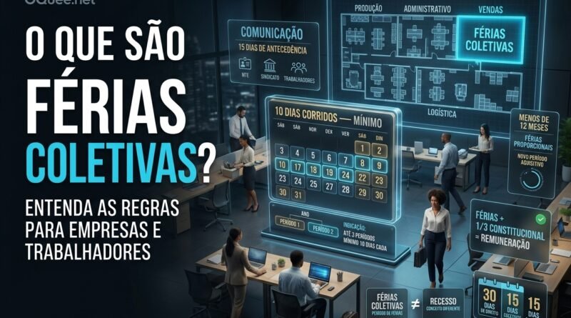 Imagem hiper-realista explicando férias coletivas, com calendário corporativo, grupo de trabalhadores em férias, setor empresarial pausado e indicação de mínimo de 10 dias corridos.