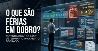 Representação hiper-realista de férias em dobro mostrando período aquisitivo, período concessivo ultrapassado, artigo 137 da CLT e remuneração dobrada das férias concedidas fora do prazo.