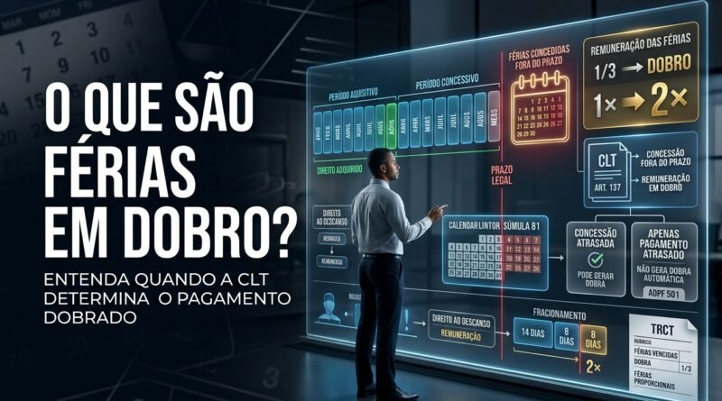 Representação hiper-realista de férias em dobro mostrando período aquisitivo, período concessivo ultrapassado, artigo 137 da CLT e remuneração dobrada das férias concedidas fora do prazo.
