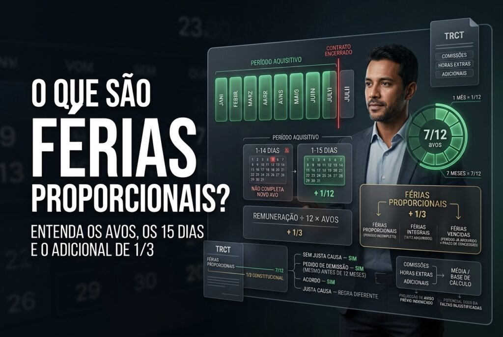Representação hiper-realista do cálculo de férias proporcionais mostrando período aquisitivo de 12 meses, avos acumulados, regra dos 15 dias e adicional constitucional de um terço.