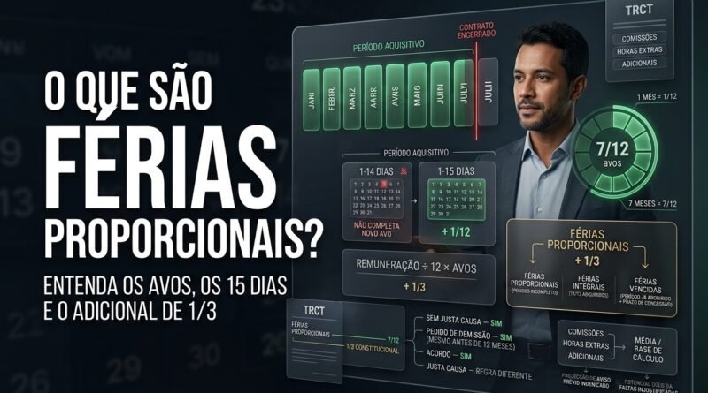 Representação hiper-realista do cálculo de férias proporcionais mostrando período aquisitivo de 12 meses, avos acumulados, regra dos 15 dias e adicional constitucional de um terço.