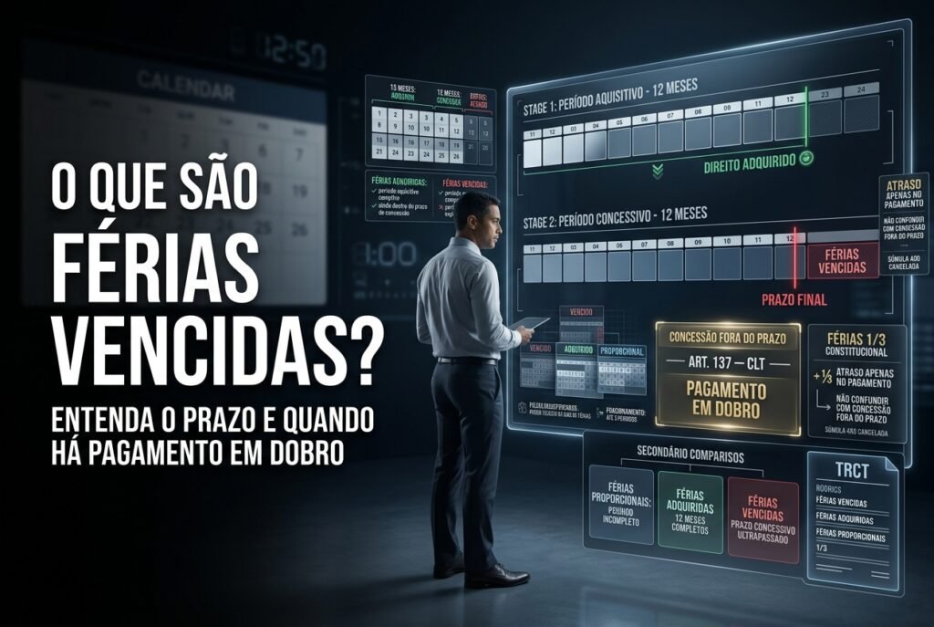 Representação hiper-realista de férias vencidas mostrando período aquisitivo, período concessivo, calendário ultrapassado, adicional de um terço e pagamento em dobro quando a concessão ocorre fora do prazo.
